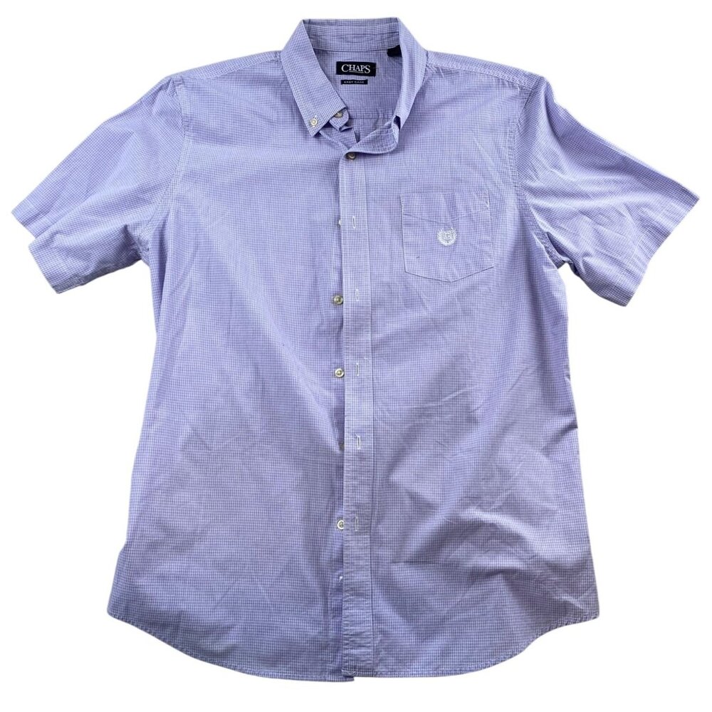 Chaps Men's Oxford Shirt Large Purple Check Easy Care Short Sleeve Button-Down